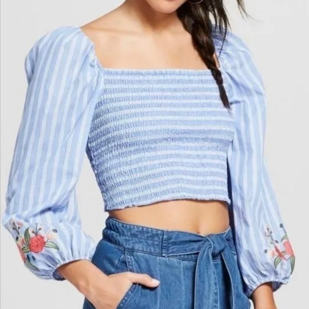 Xhilaration Striped Embroidered Smocked Square Neck Puff Sleeve Crop Top Shirt - Picture 11 of 11